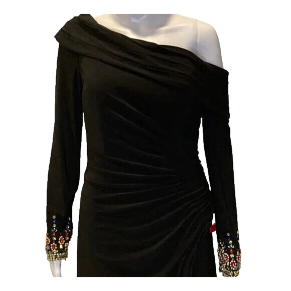 NWT MAC DUGGAL 12231 Beaded Cuff Drop Shoulder Long Sleeve Gown Dress Black‎ - Picture 3 of 6